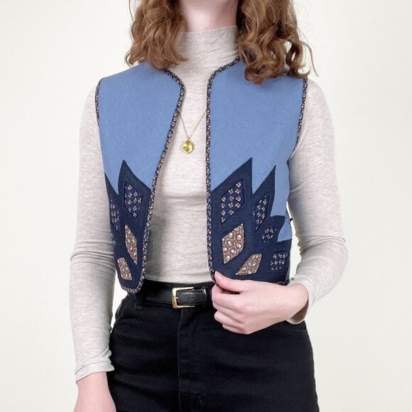 Vintage Handmade Cropped Vest Scandinavian Nordic Floral Print Crop Quilted Boho - Picture 6 of 6